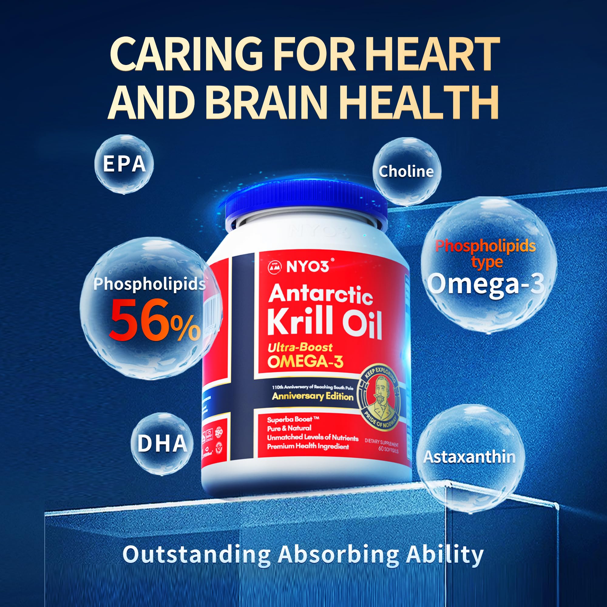NYO3 Antarctic Krill Oil 1000mg Omega 3 Supplement, EPA & DHA, 90 Softgels Astaxanthin - AB Mystery