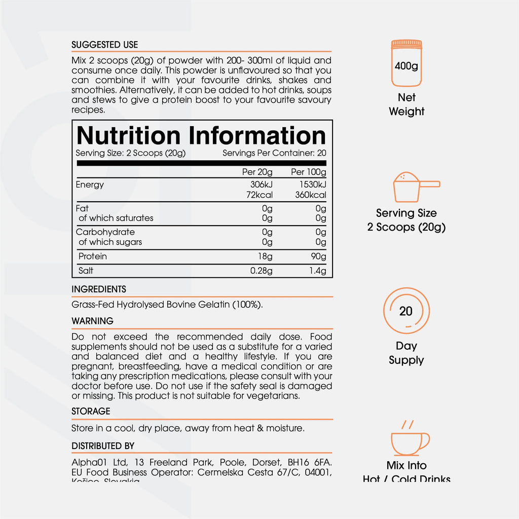 Bone Broth Beef Protein Powder - 400g - Unflavoured - 100% Grass-Fed & Pasture Raised Beef ALPHA01