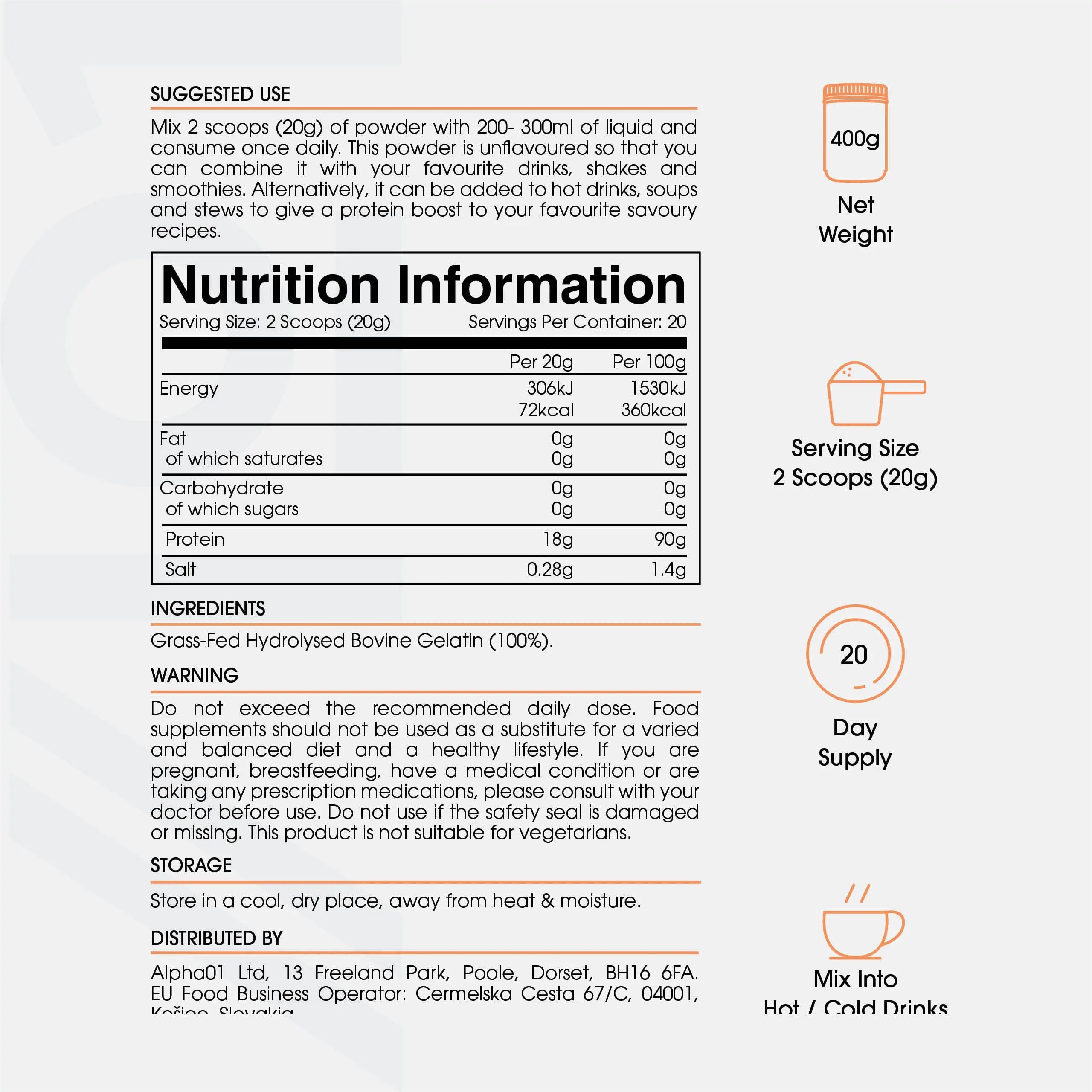 Bone Broth Beef Protein Powder - 400g - Unflavoured - 100% Grass-Fed & Pasture Raised Beef ALPHA01