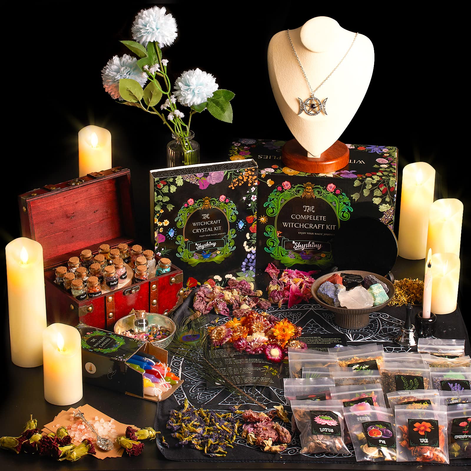 SHYSHINY Witchcraft Supplies Kit for Wiccan Spells, 95 Pack of 7 Chakra Stones, Crystals, Dried Herbs - AB Mystery