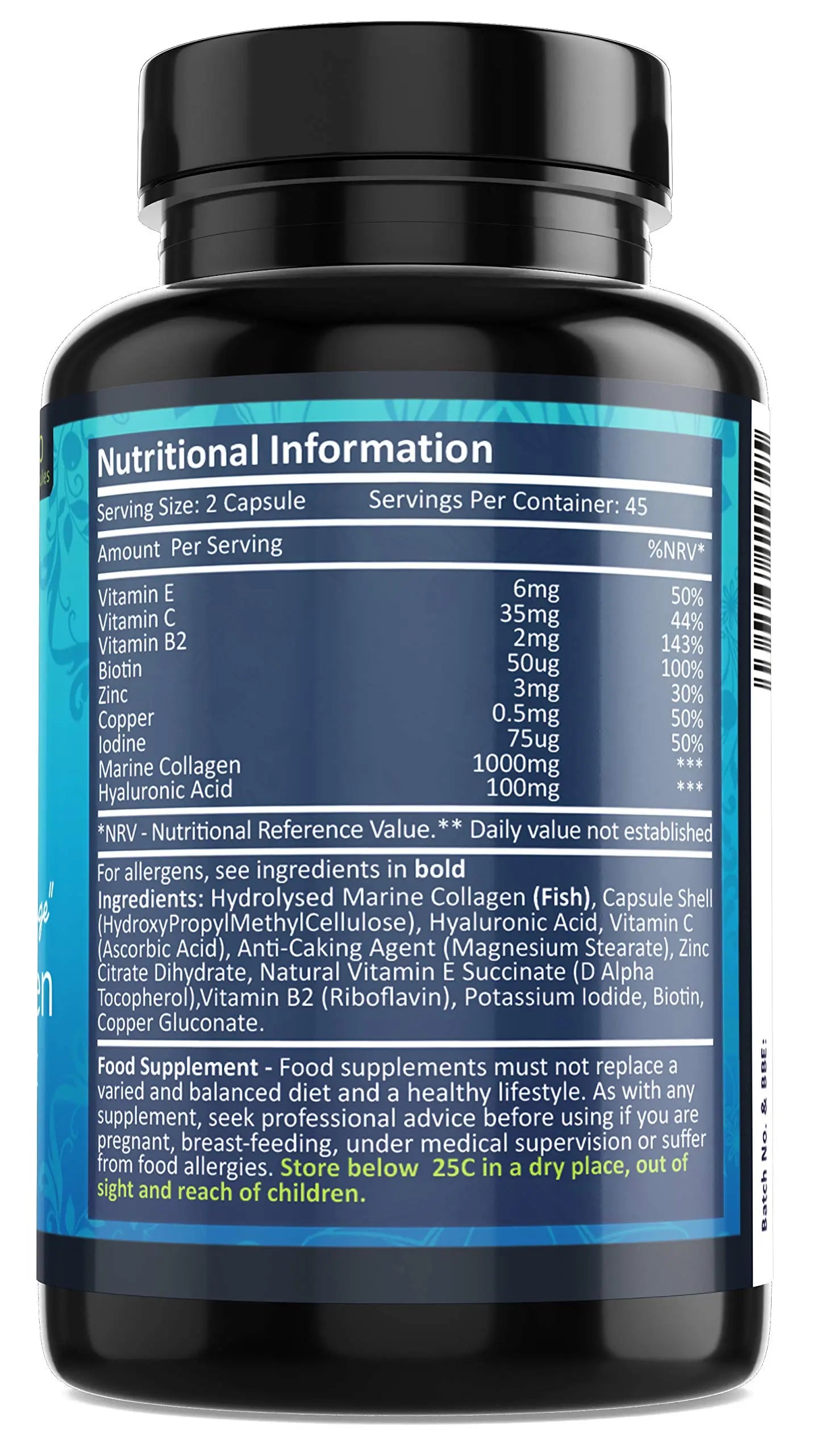 Marine Collagen Tablets 1000mg - 90 Premium Type 1 Hydrolysed Collagen Capsules with Hyaluronic Acid - AB Mystery