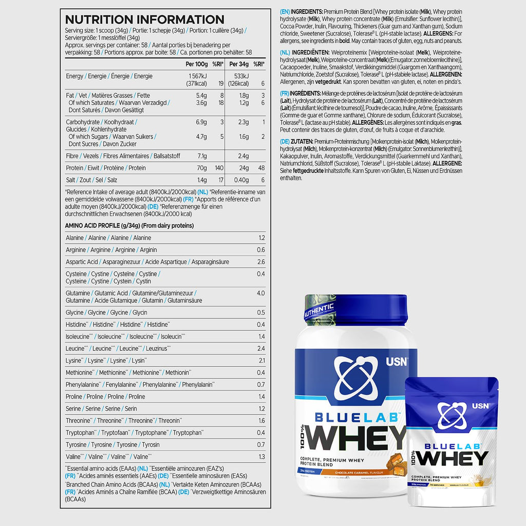 USN Blue Lab Whey Protein Powder: Chocolate Caramel - Whey Protein 908g USN