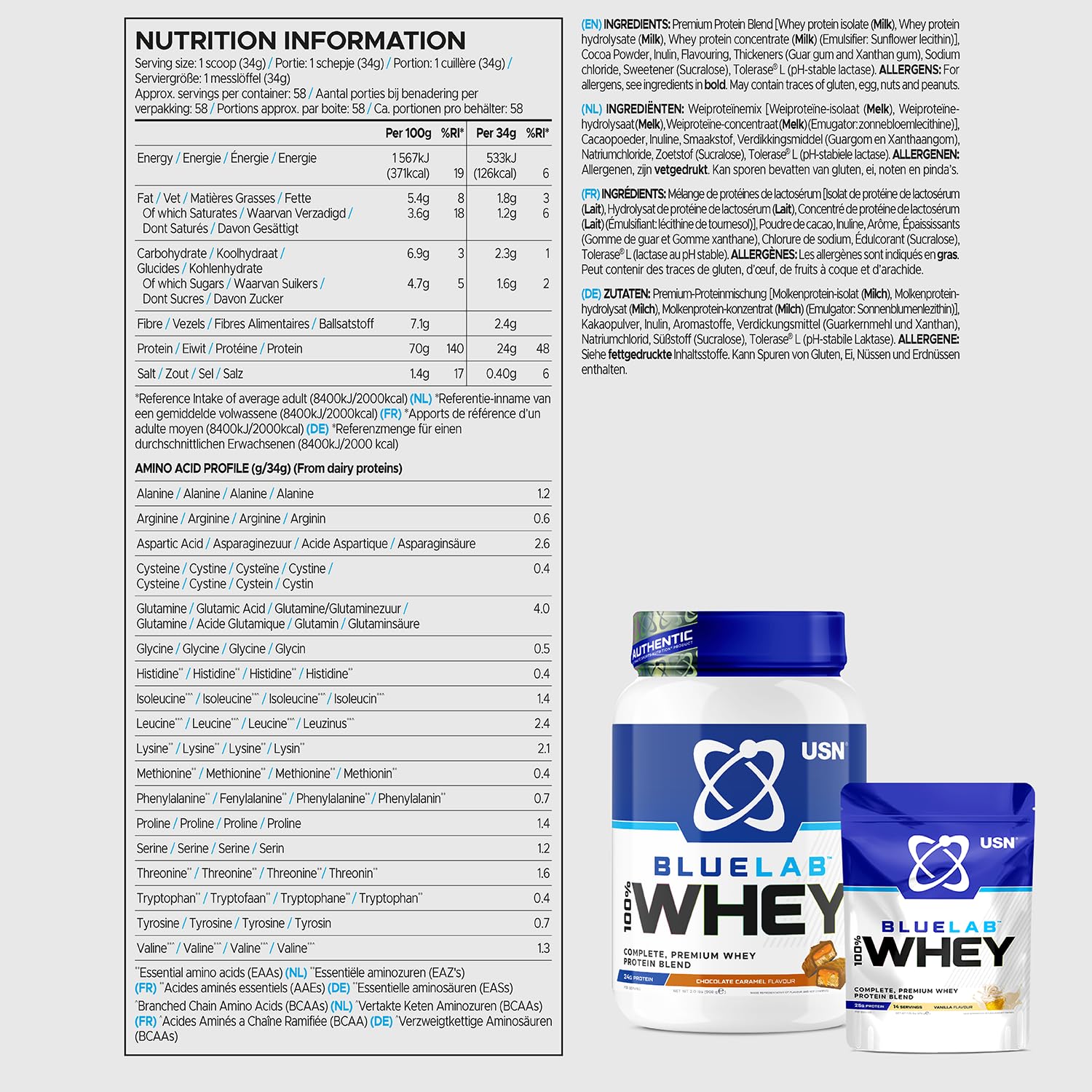 USN Blue Lab Whey Protein Powder: Chocolate Caramel - Whey Protein 908g USN