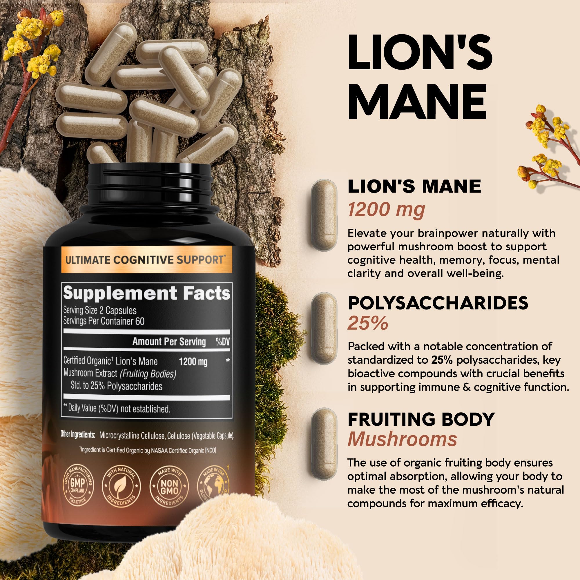 Organic Lions Mane - Certified Mushroom Supplement - Made in USA - Fruiting Bodies - AB Mystery