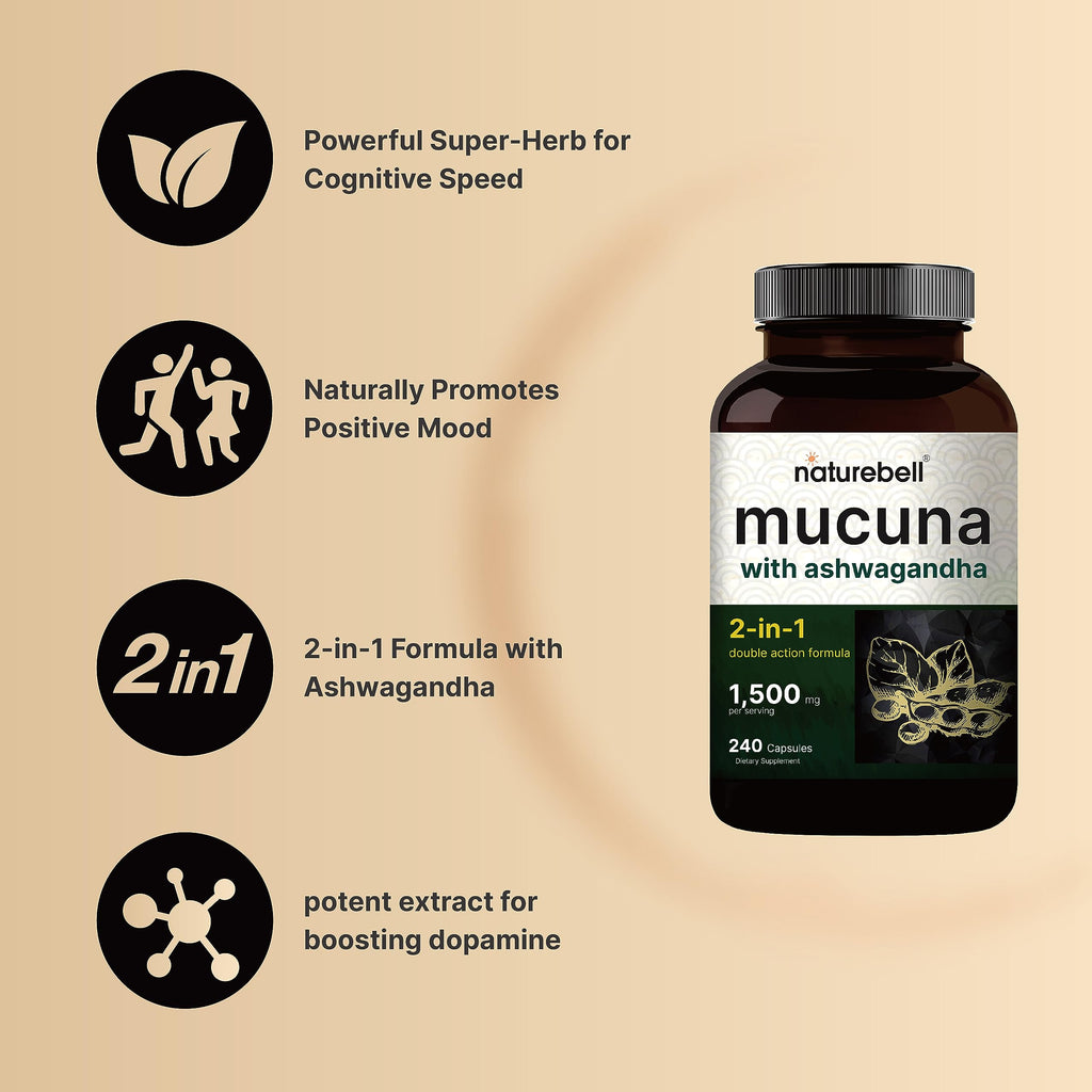 2 Pack NatureBell Mucuna Pruriens Capsules, 1500mg Per Serving, Made with Mucuna - AB Mystery