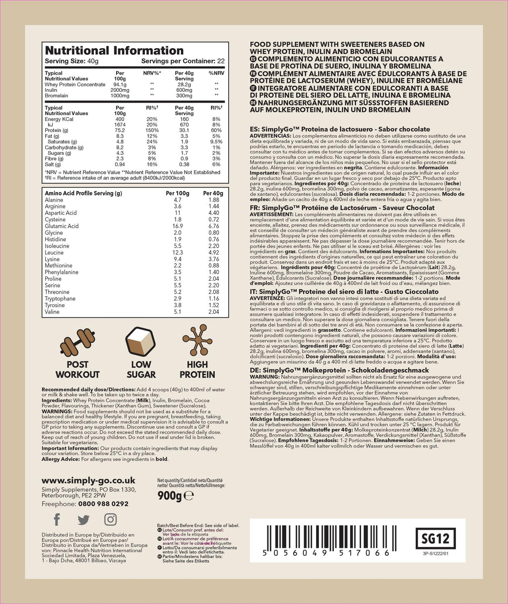 SimplyGo Whey Protein 900g Chocolate Flavour Simply Supplements