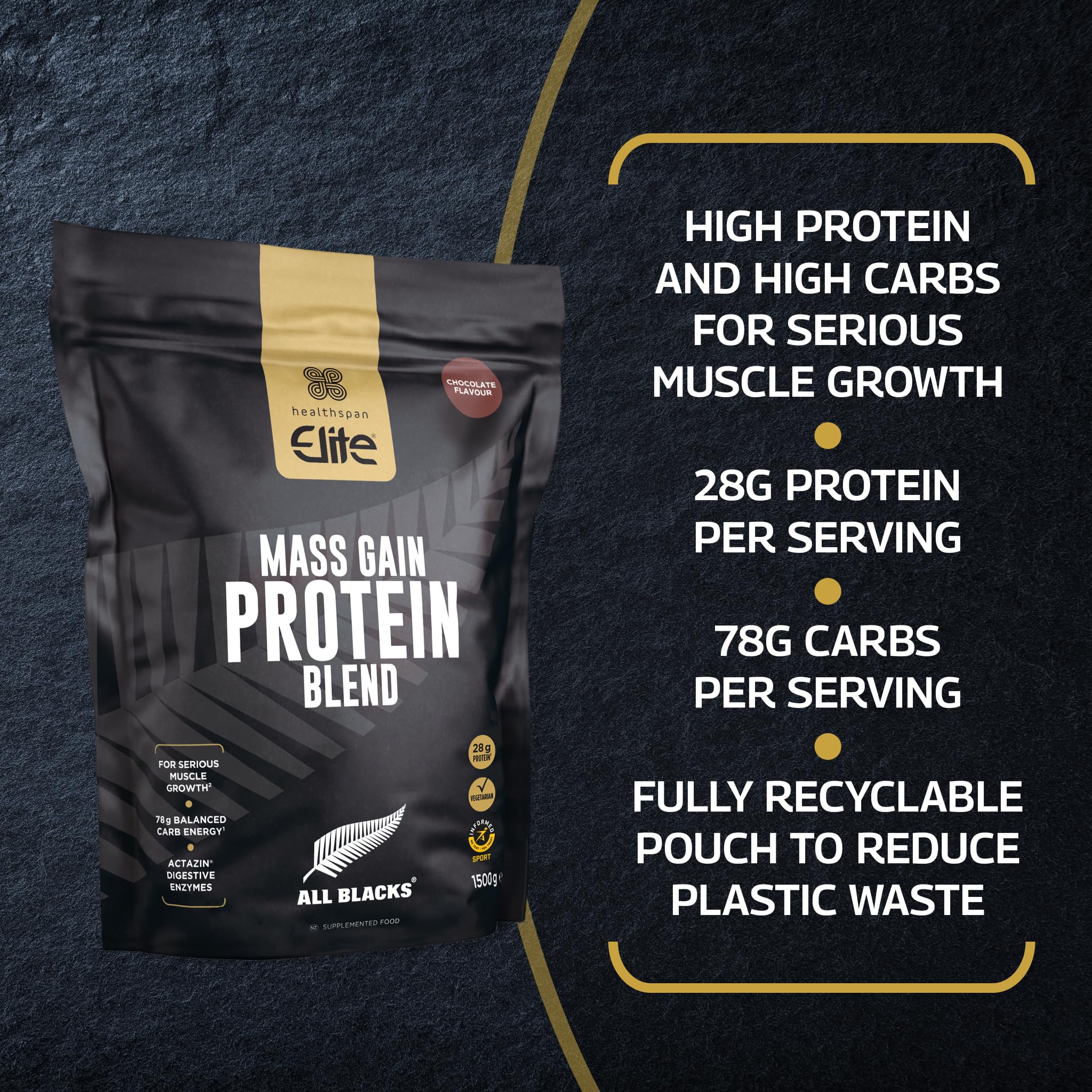 Healthspan Elite All Blacks Mass Gain Protein Blend (1500g) | Chocolate | 28g of Protein Healthspan Elite