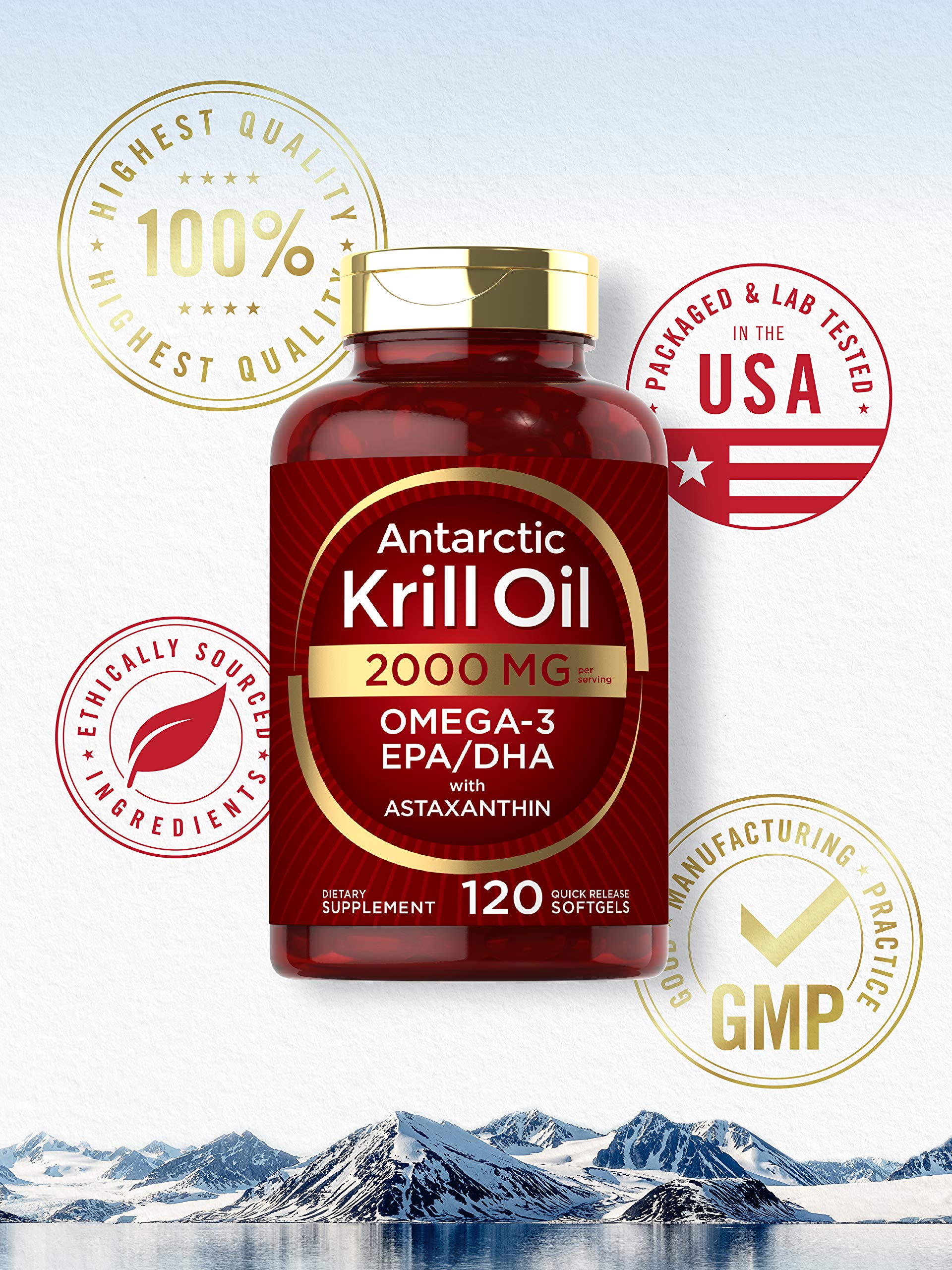 Carlyle Antarctic Krill Oil 2000 mg 120 Softgels | Omega-3 EPA, DHA, with Astaxanthin - AB Mystery
