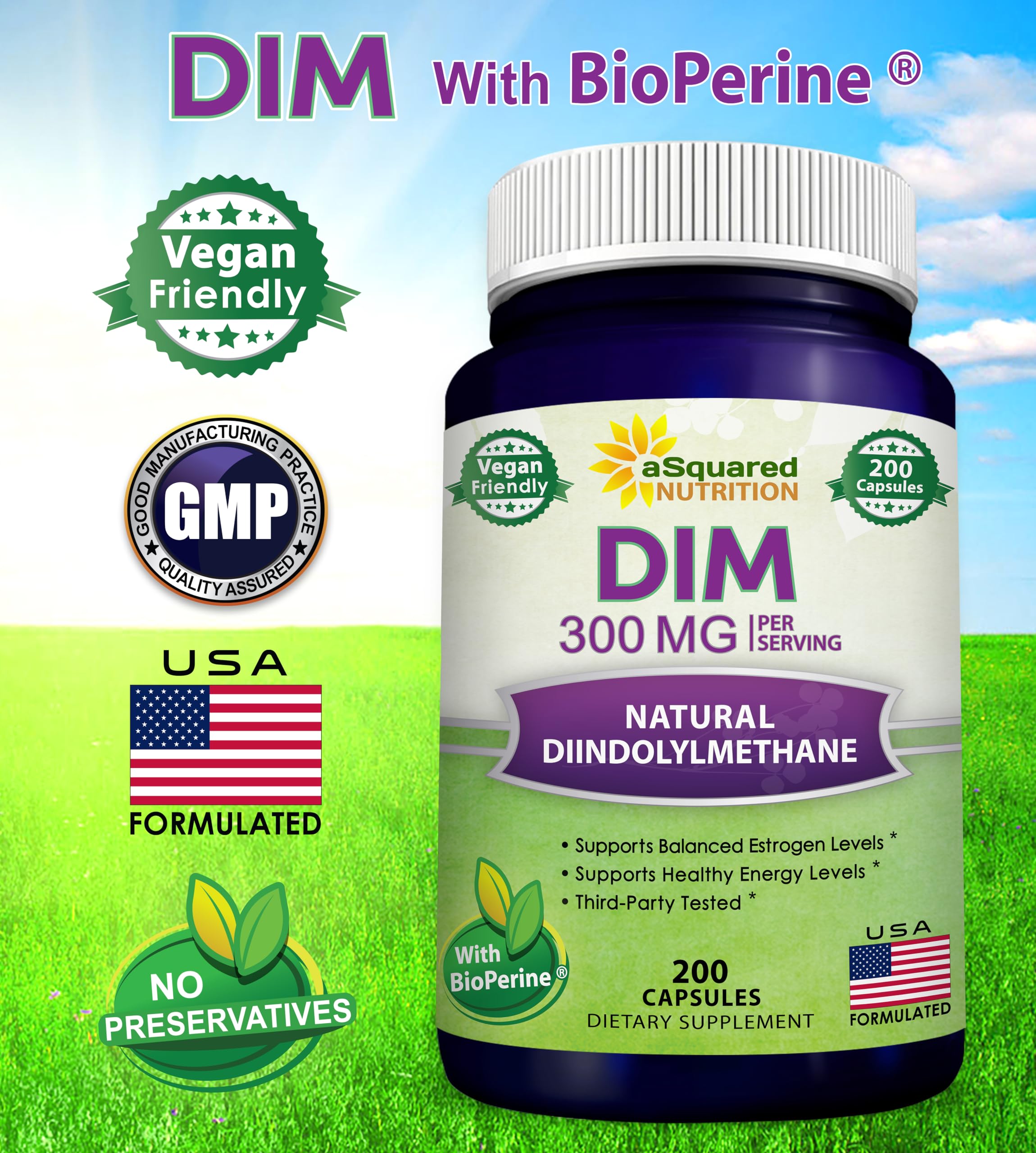 aSquared Nutrition DIM Supplement 300mg Plus BioPerine - 200 Veggie Capsules - Diindolylmethane DIM Max - AB Mystery