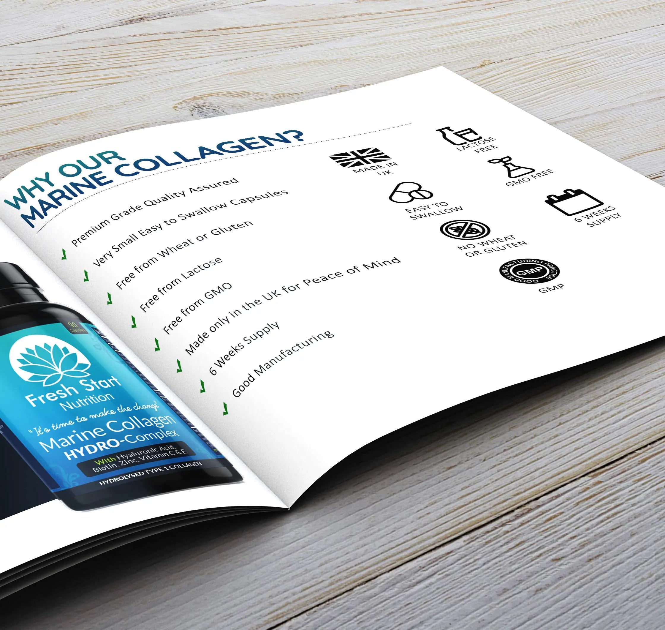 Marine Collagen Tablets 1000mg - 90 Premium Type 1 Hydrolysed Collagen Capsules with Hyaluronic Acid - AB Mystery