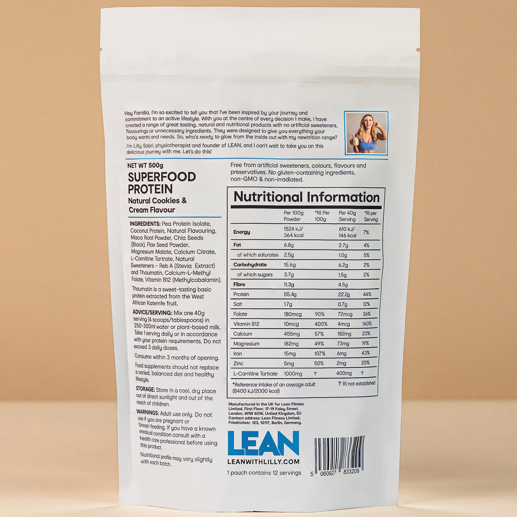 LEAN with Lilly Superfood Protein Vegan Protein Plant Based Protein Cookies and Cream Flavour 500g Lean With Lilly