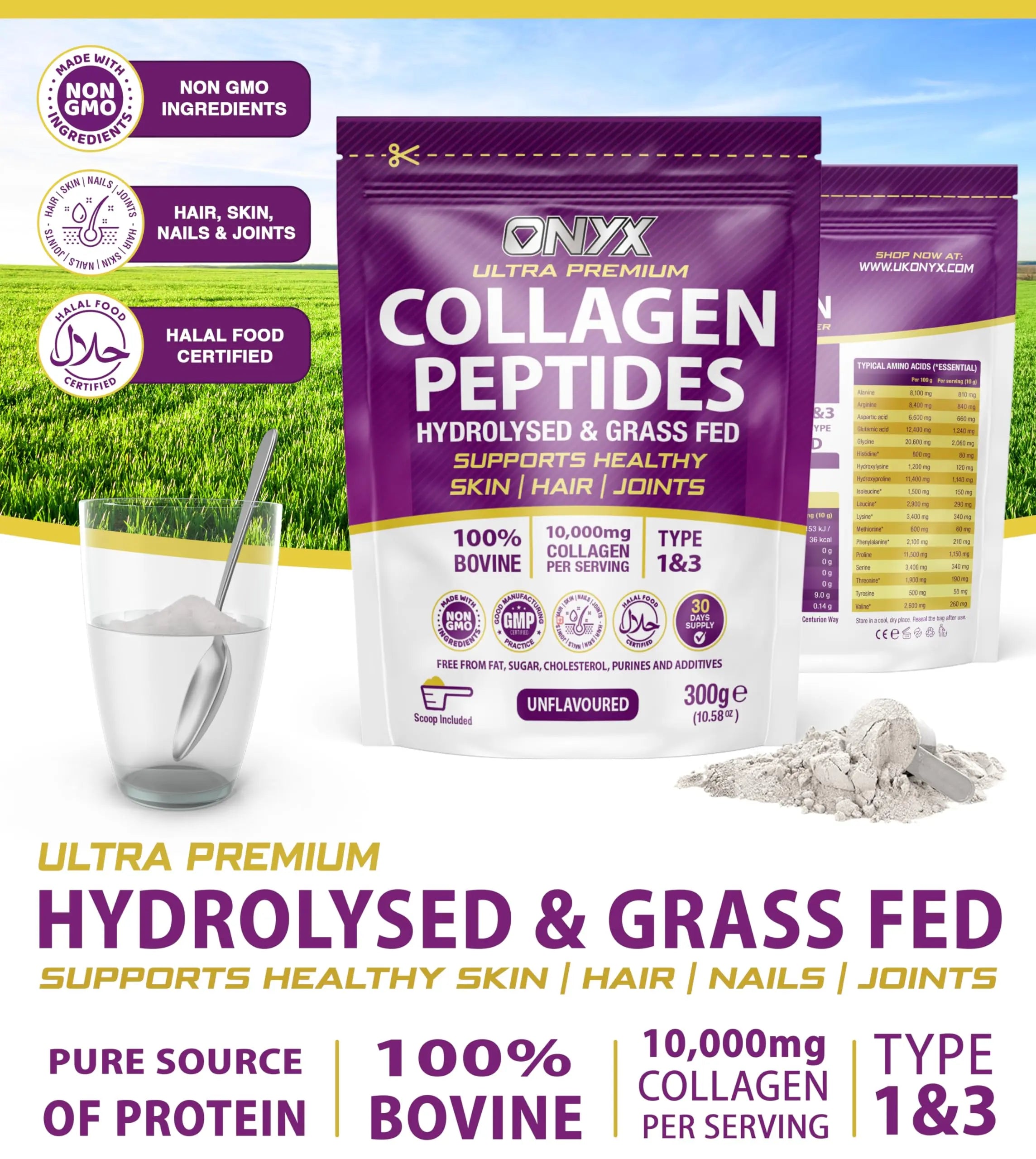 Premium Collagen Powder 300g Hydrolysed Bovine Collagen Peptides Powder ONYX INGREDIENTS 101