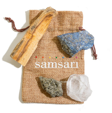 5PCS SAMSARI Abundance XL Crystals Healing Set - (Pyrite, Lapis Lazuli, Clear Quartz), 1 Palo Santo Stick
