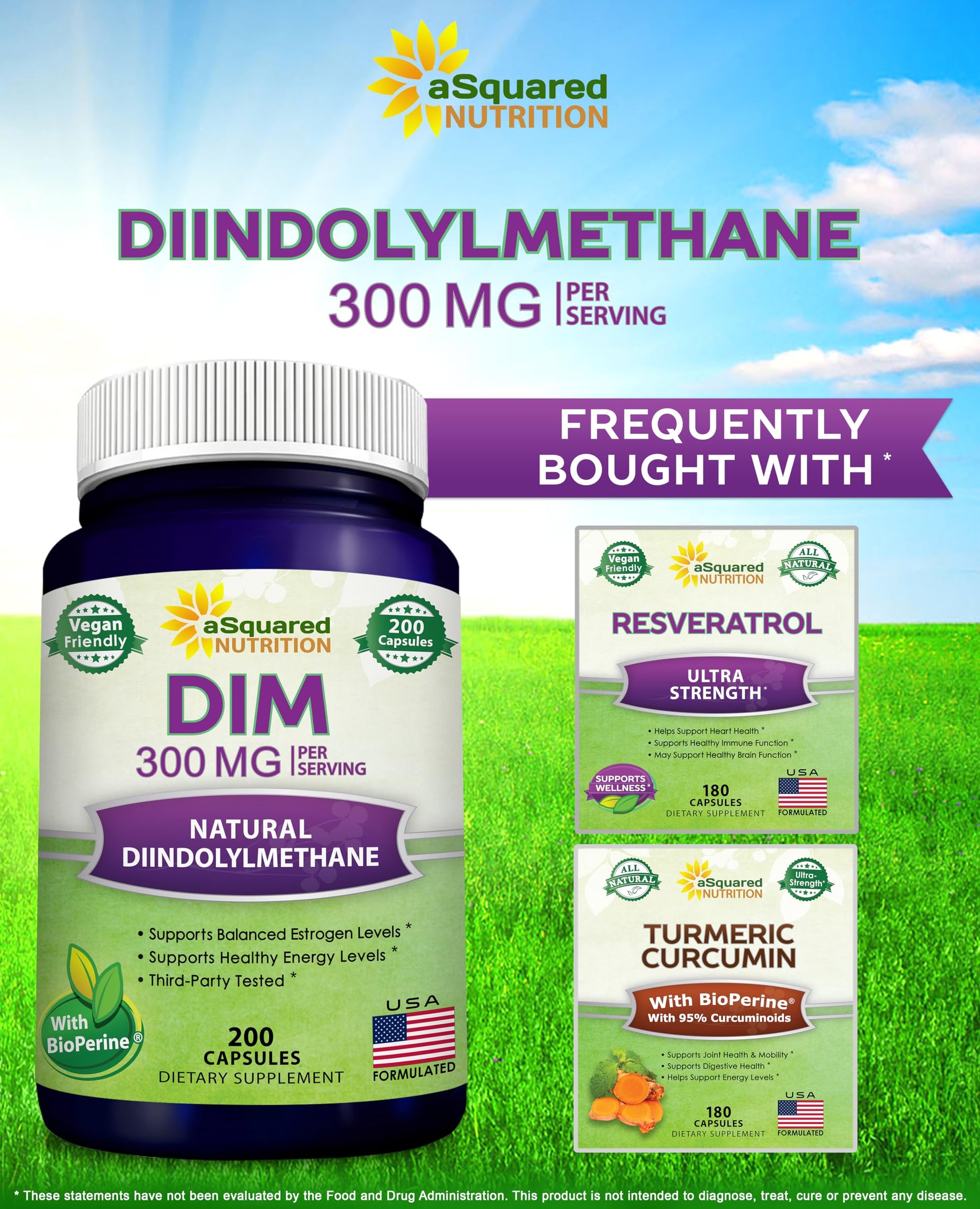aSquared Nutrition DIM Supplement 300mg Plus BioPerine - 200 Veggie Capsules - Diindolylmethane DIM Max - AB Mystery