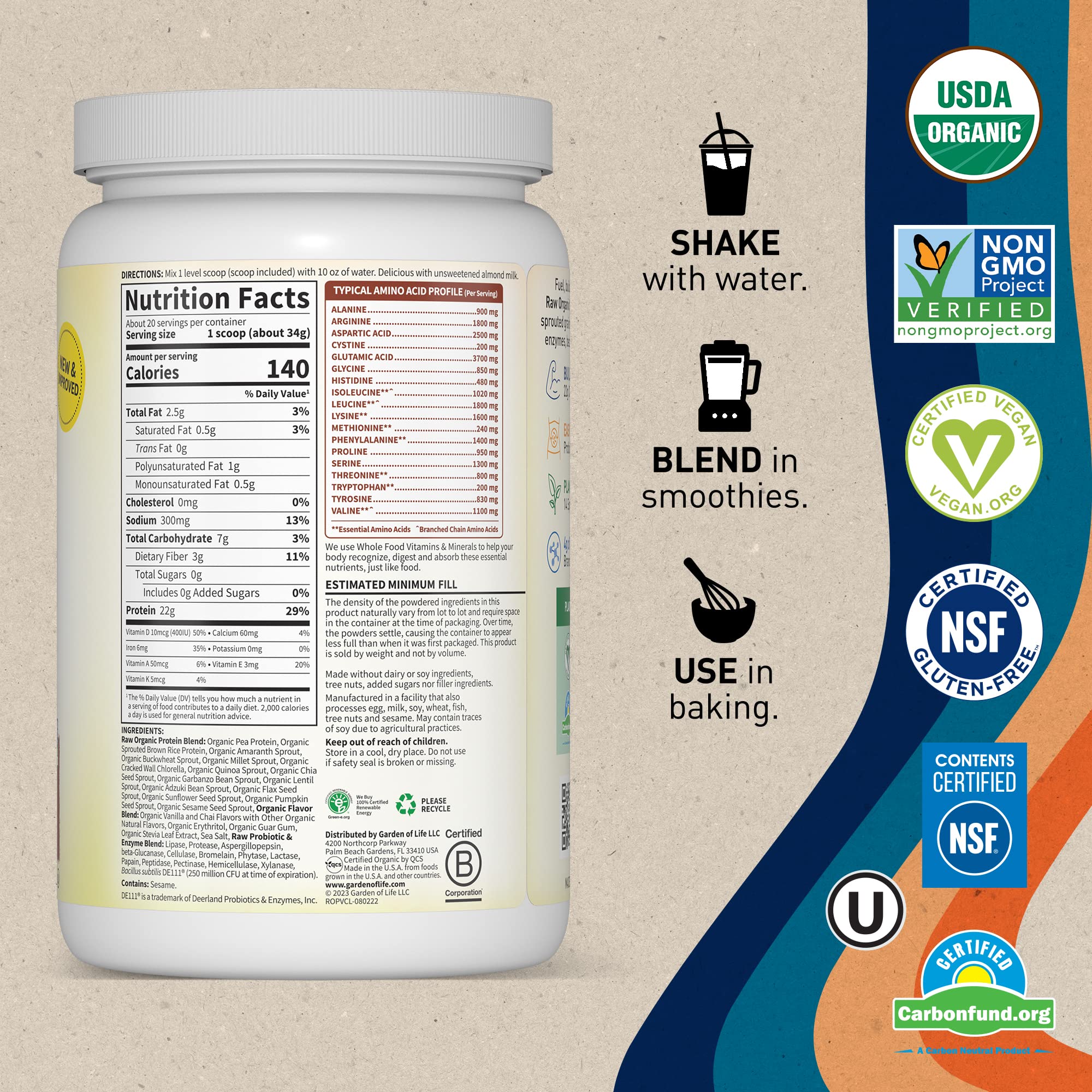 Garden of Life, Organic Vegan Vanilla Chai Protein Powder -22g Complete Plant Based Raw - AB Mystery