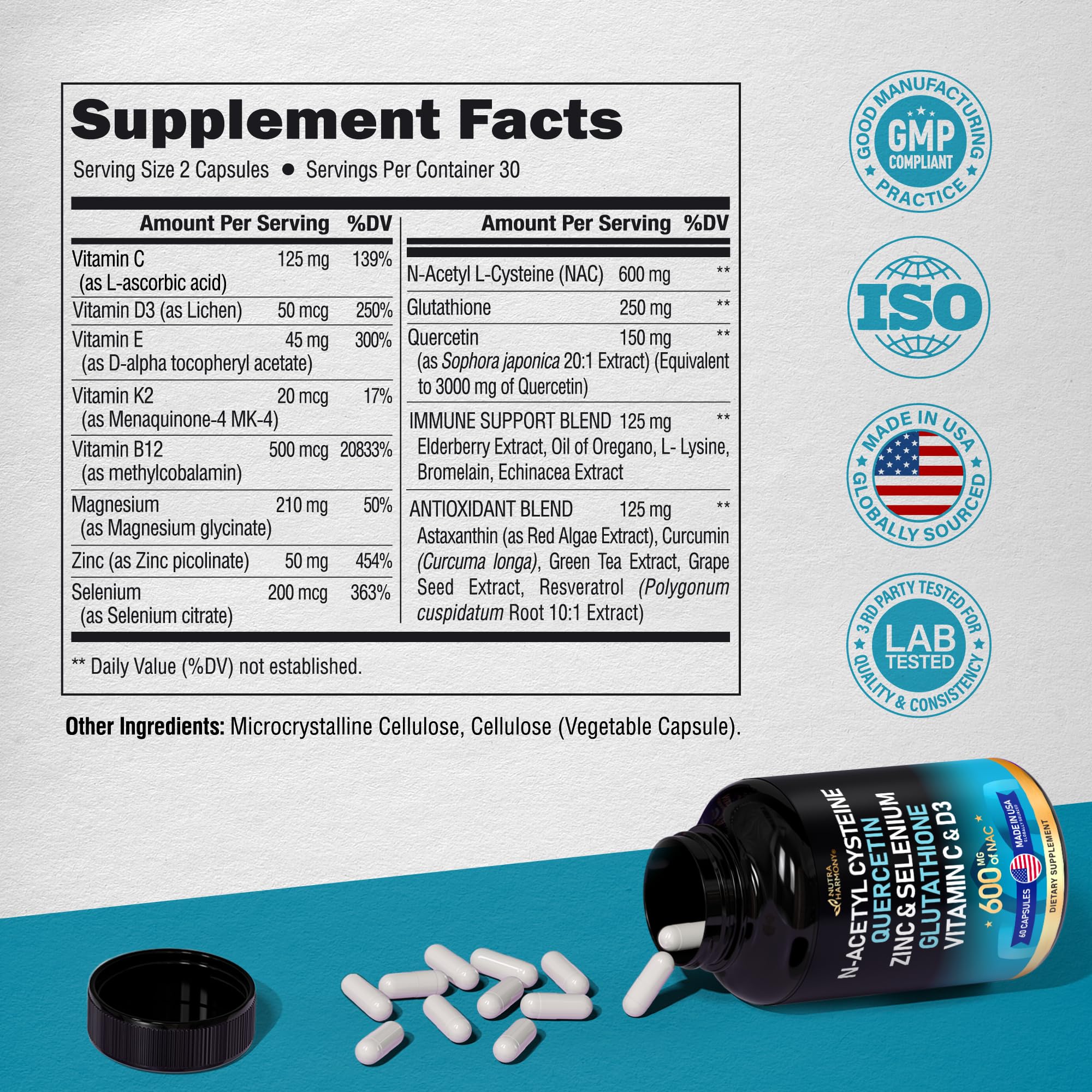 NAC 600 mg Supplement | Quercetin | Zinc | Glutathione | Selenium | Vitamin C & D3 - AB Mystery