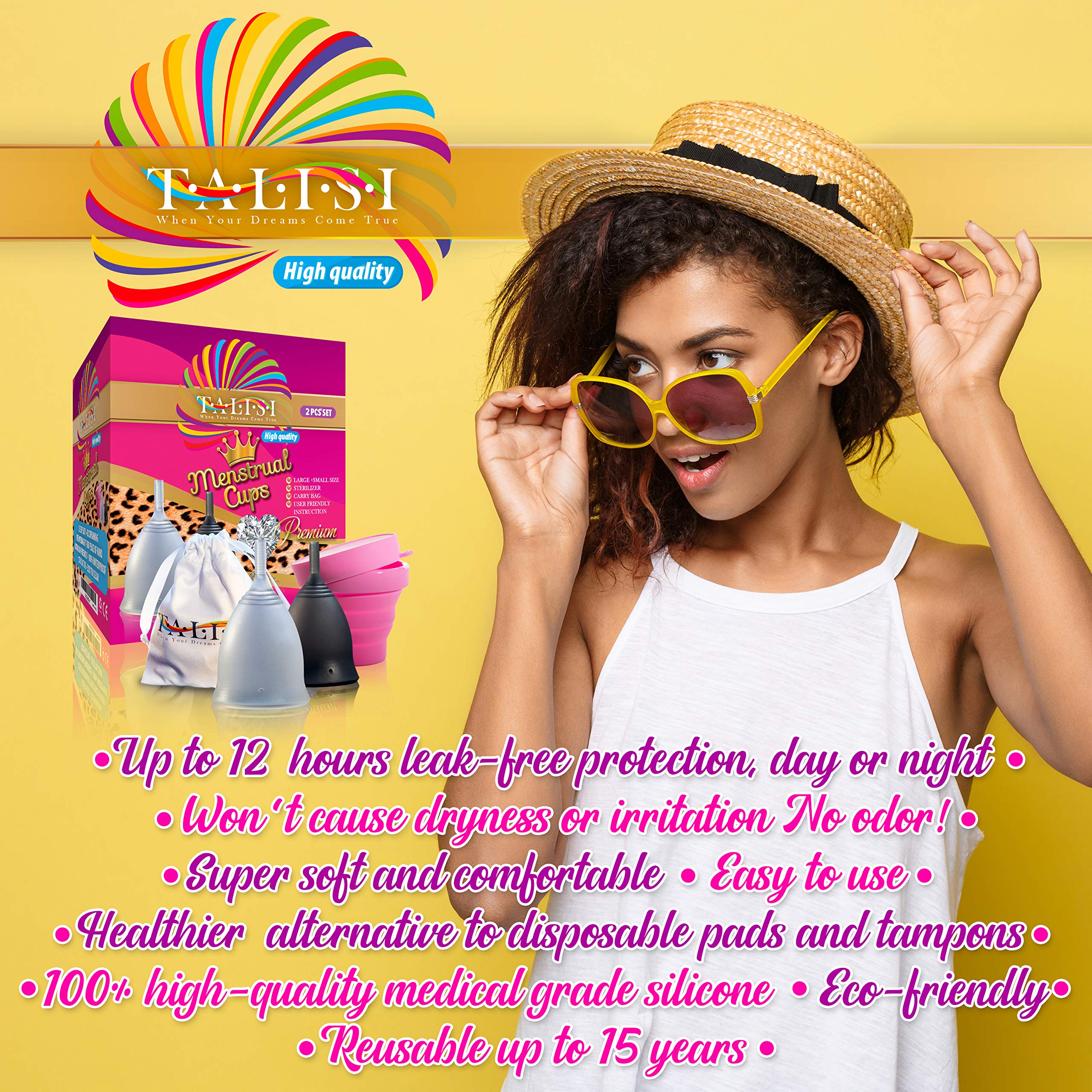 Talisi Soft Menstrual Cups Set of 2 - Reusable Period Cup for Women with Collapsible Case Holder Sterilizer - AB Mystery