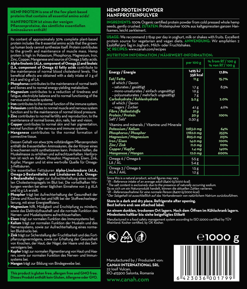 Canah® Natural Hemp Protein Powder 1 kg Vegan, High in Protein, Fibre, Omega 3 & Omega 6, Amino Acids, Vitamins and Minerals, Certified Kosher + Free Bonus Recipes Hemp Essentials