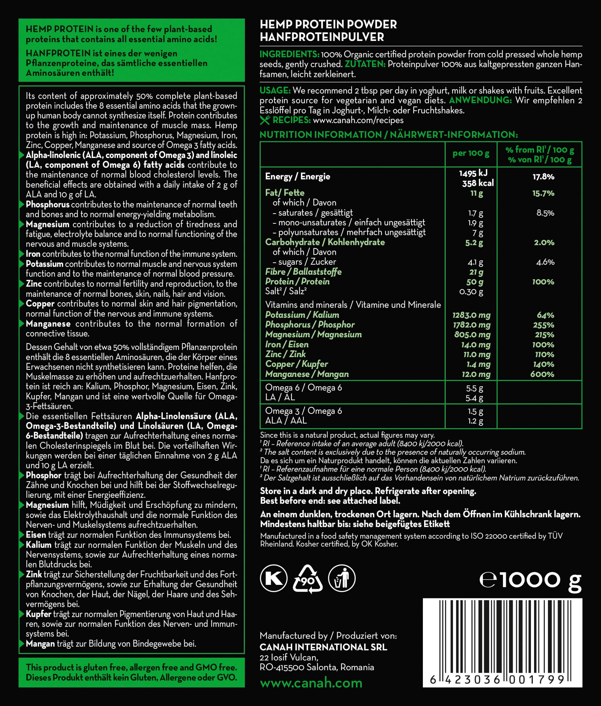 Canah® Natural Hemp Protein Powder 1 kg Vegan, High in Protein, Fibre, Omega 3 & Omega 6, Amino Acids, Vitamins and Minerals, Certified Kosher + Free Bonus Recipes Hemp Essentials