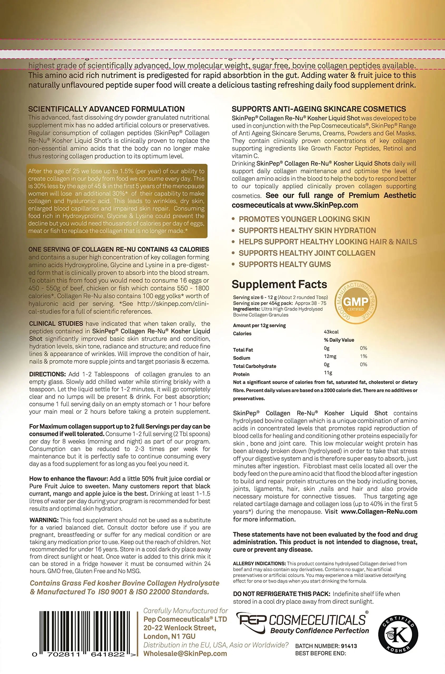 Collagen Powder, Ultra Premium Hydrolysed Bovine Collagen Peptides by SkinPep Skin Pep