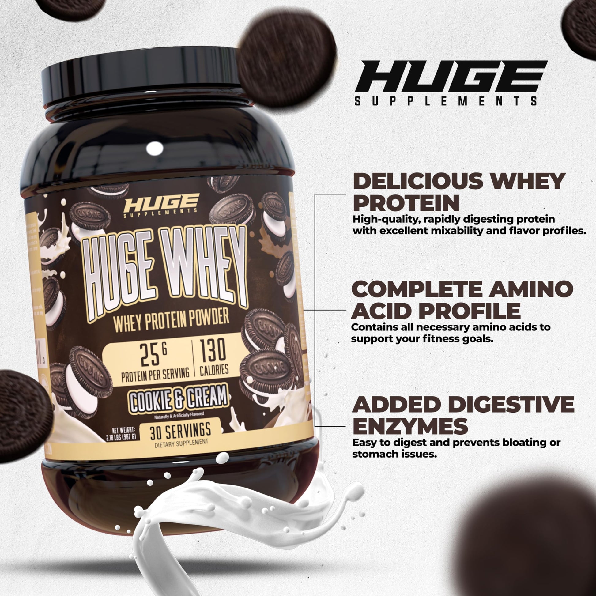 Huge Supplements Whey Protein Concentrate Powder, 25g Protein Per Serving, 5g BCAA - AB Mystery