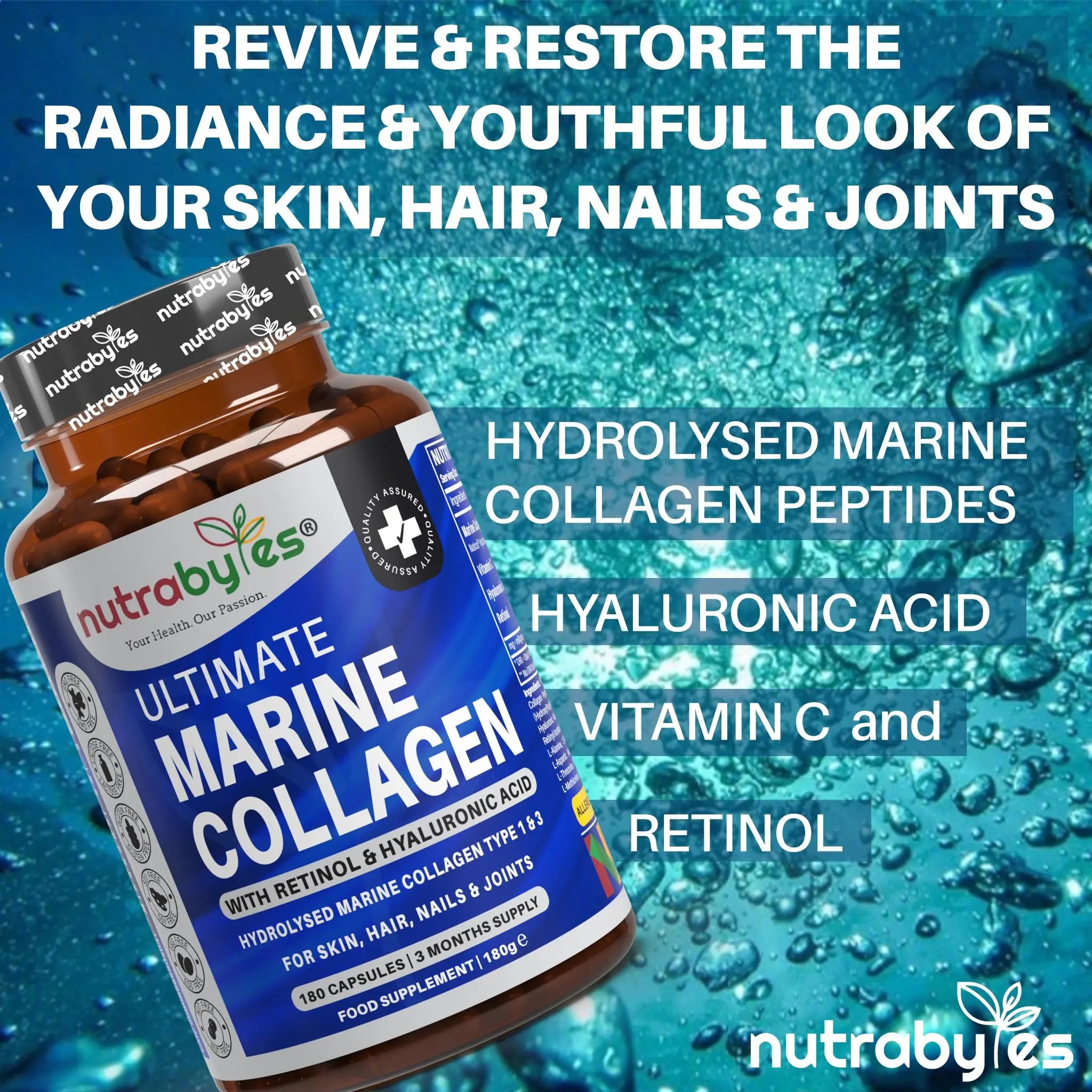 High Strength Marine Collagen with Hyaluronic Acid, Retinol and Vitamin C | 180 Capsules - 3 Months Supply NUTRABYTES