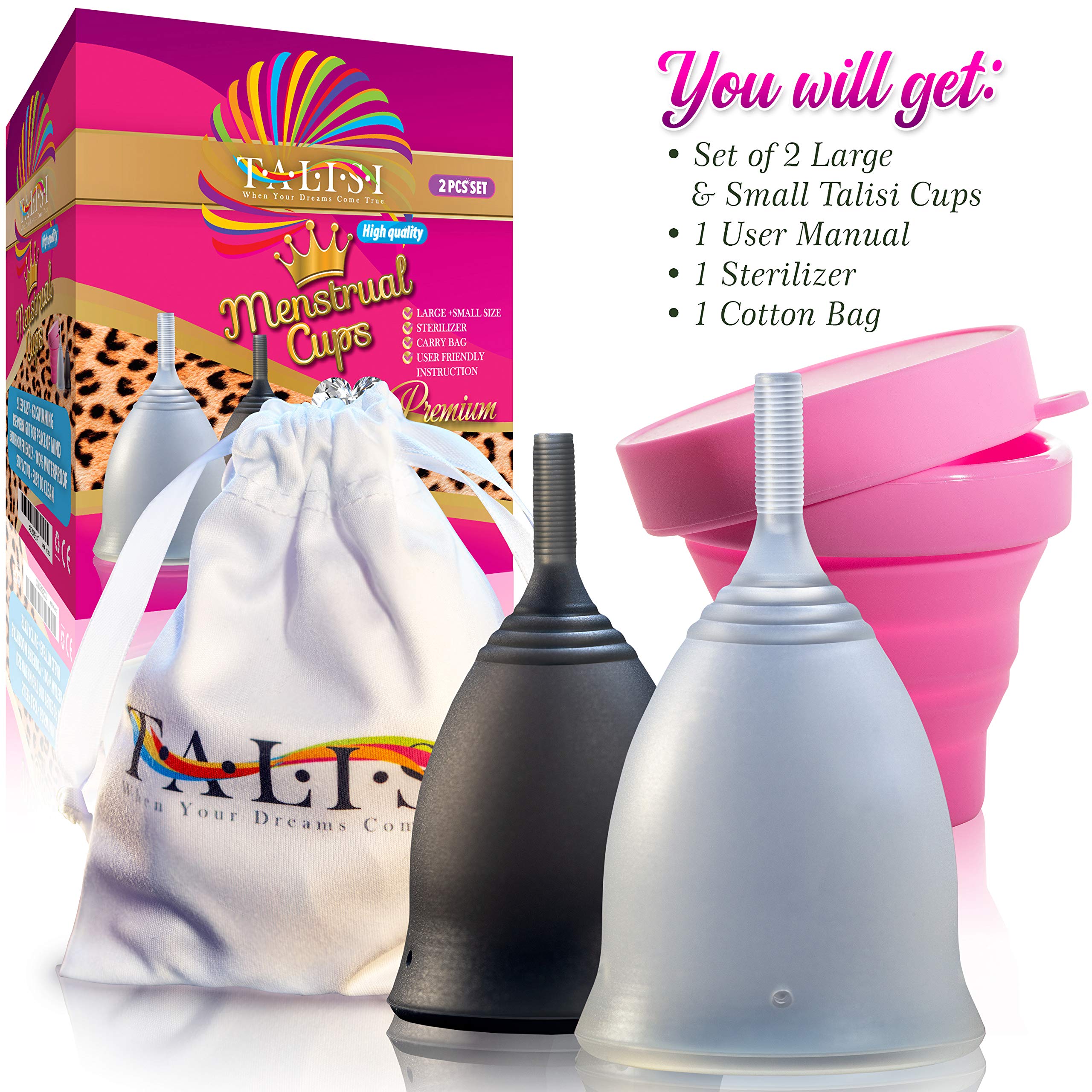 Talisi Soft Menstrual Cups Set of 2 - Reusable Period Cup for Women with Collapsible Case Holder Sterilizer - AB Mystery