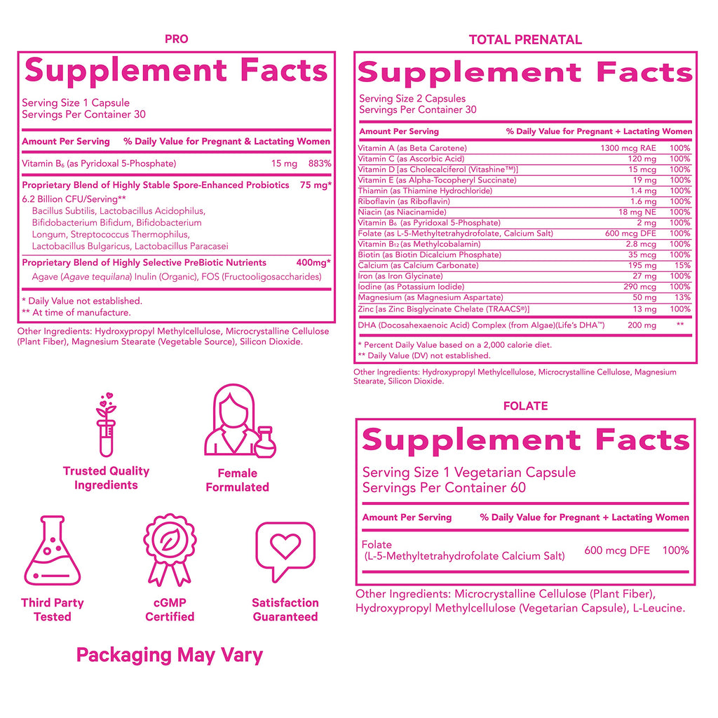 Pink Stork Ultimate Prenatal Vitamin Trio: Total Prenatal + Pro + Folate, Pregnancy Probiotic for Women Pink Stork
