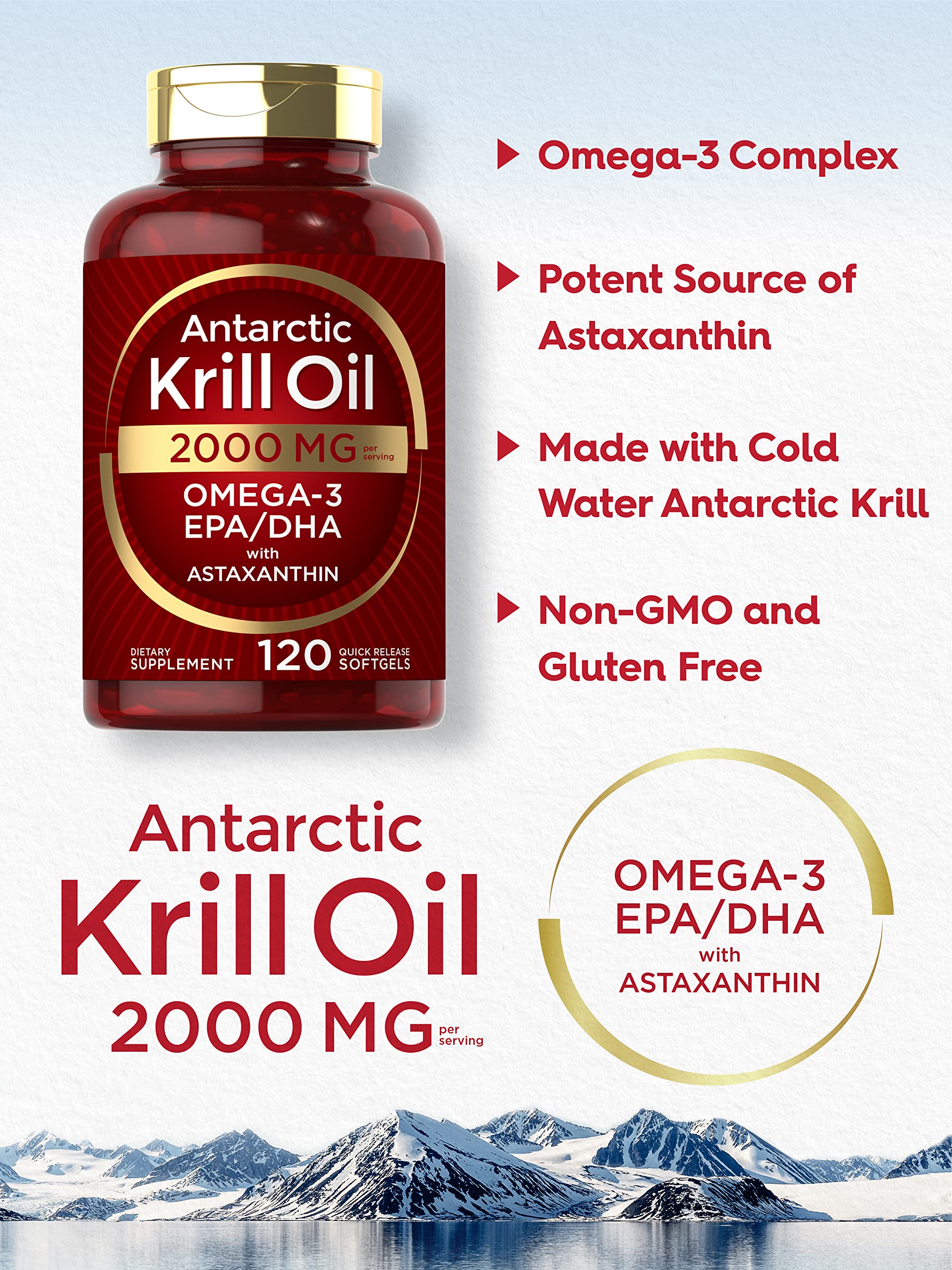 Carlyle Antarctic Krill Oil 2000 mg 120 Softgels | Omega-3 EPA, DHA, with Astaxanthin - AB Mystery