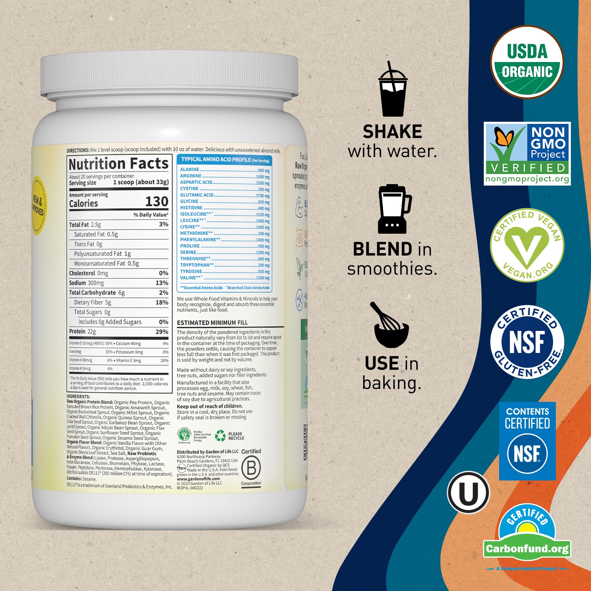 Organic Vegan Vanilla Protein Powder - Garden of Life – 22g Complete Plant Based Raw - AB Mystery