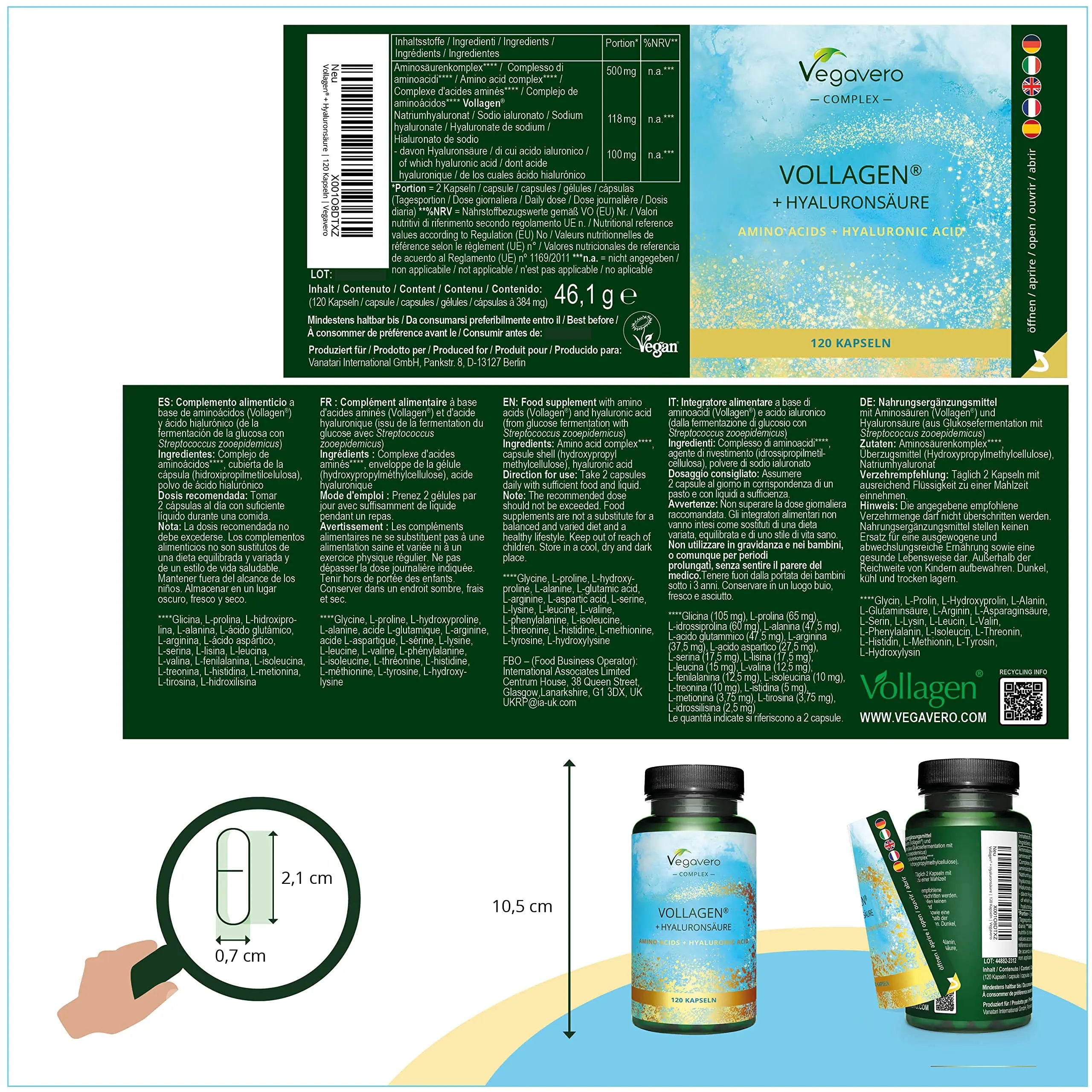 Vegavero Vegan Collagen Complex + Hyaluronic Acid | NO Additives | Vegan Collagen Powder Vollagen® | Essential Amino Acids | 120 Capsules - AB Mystery