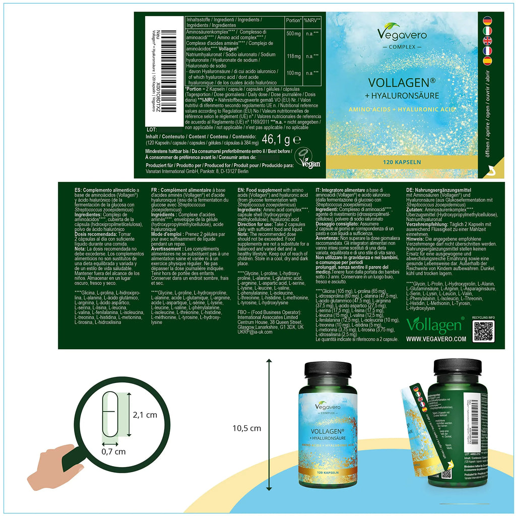 Vegavero Vegan Collagen Complex + Hyaluronic Acid | NO Additives | Vegan Collagen Powder Vollagen® | Essential Amino Acids | 120 Capsules Vegavero