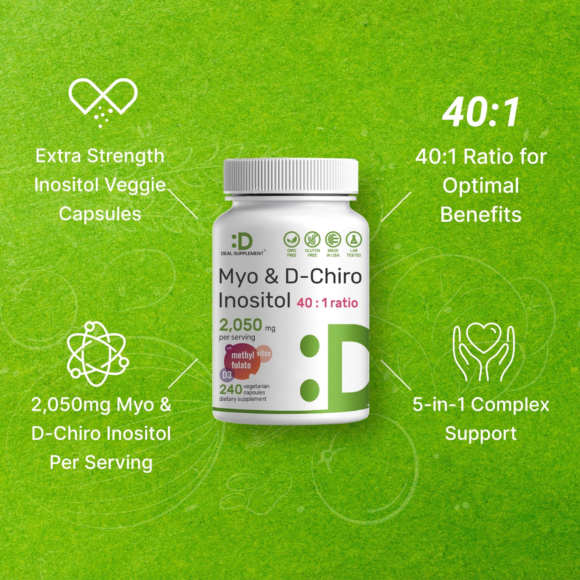 Myo-Inositol & D-Chiro Inositol Supplement (40:1) 2,050mg Per Serving, 240 Veggie Cap - AB Mystery